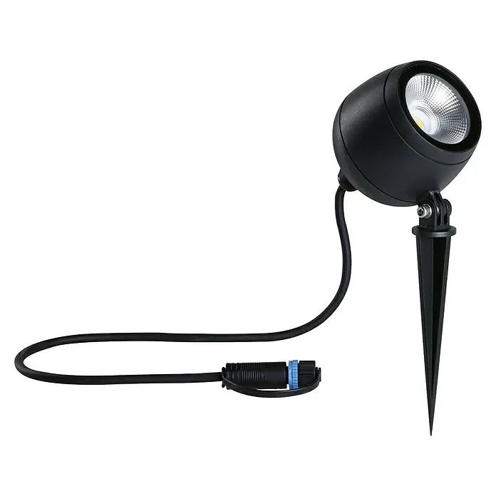 Paulmann Plug & Shine LED-Gartenspot Kikolo - 7,2 W, IP65, Warmweiß, Anthrazit, Abstrahlwinkel: 60 ° - Nahaufnahme eines schwarzen LED-Gartenstrahlers mit Erdspieß und Kabel für den Außenbereich.