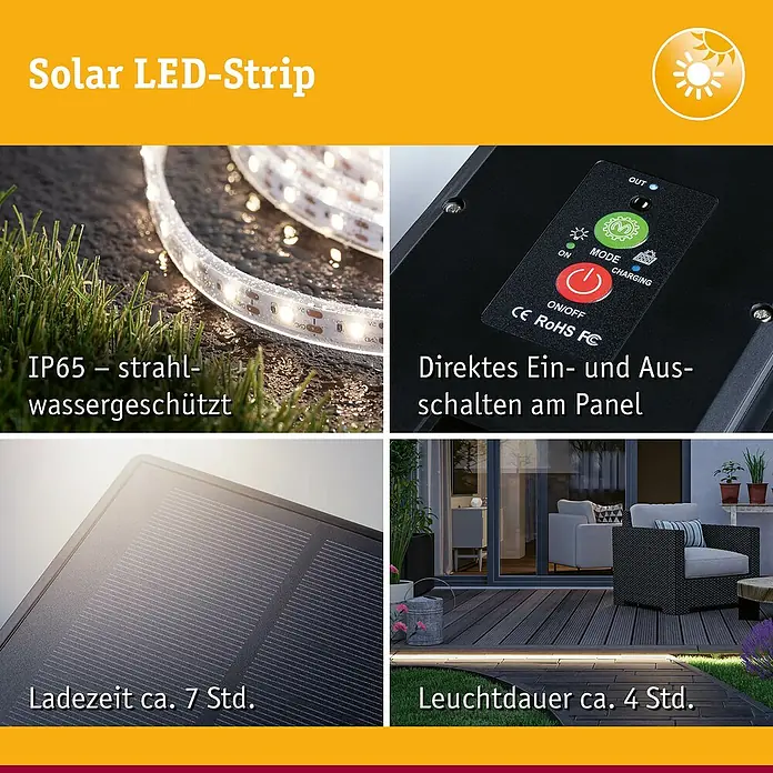 Paulmann LED-Band-Set Stripe Solar - 5 m, Warmweiß, 3,2 W, 300 lm, 5 V - Solar LED-Streifen-Produktbild. Das Bild zeigt die Wasserdichtigkeit, das Bedienfeld, das Solarmodul und die Einsatzmöglichkeiten.