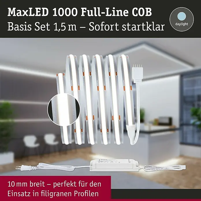Paulmann MaxLED 1.000 Basis-Set Full-Line COB - 150 cm, 21 W, Tageslichtweiß, 1.920 lm - MaxLED 1000 Full-Line COB Basis Set 1,5 m. Das Produkt ist ein sofort startklares, 10 mm breites Set, perfekt für filigrane Profile.