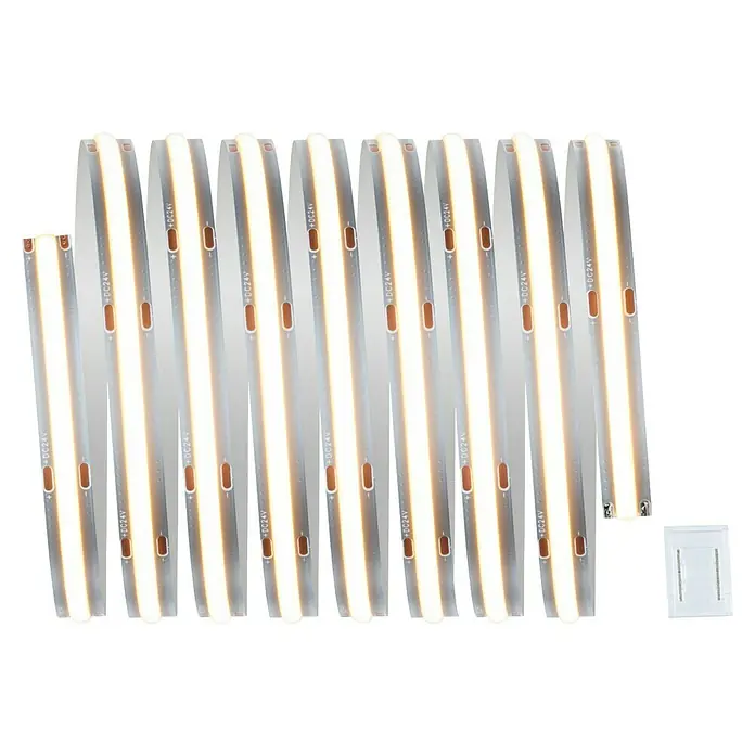 Paulmann MaxLED 1.000 Verlängerungs-Set Full-Line COB - 250 cm, Warmweiß, 30 W, 2.700 lm, 230 V - 240 V - Nahaufnahme von mehreren LED-Streifen, die helles, warmes Licht ausstrahlen und auf einer dunklen Oberfläche angeordnet sind.