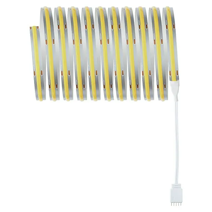 Paulmann MaxLED 500 Verlängerungs-Set Full-Line COB - 3 m, 21 W, Tageslichtweiß, 1.800 lm - Aufgerollter flexibler weißer LED-Streifen mit gelben Abschnitten und einem weißen Stecker, mit „+DC24V“-Markierungen.