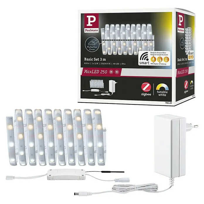 Paulmann MaxLED 250 Smart-LED-Band Basisset beschichtet Zigbee - 300 cm, Warmweiß, 15 W, 750 lm, 230 V - 240 V - Abbildung eines Paulmann MaxLED 250 Basis Sets mit 3 Metern Länge, inklusive LED-Streifen, Netzteil und Schutzabdeckung.