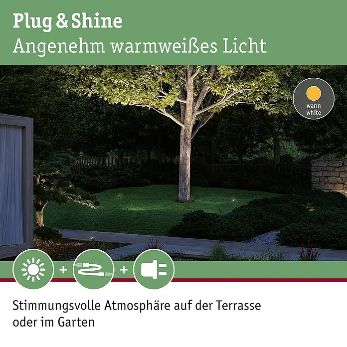 Paulmann Plug & Shine LED-Gartenspot Radon - 12,5 W, IP65, Warmweiß, Grau - Gartenbeleuchtung erhellt nachts einen Garten mit angenehm warmweißem Licht für stimmungsvolle Atmosphäre.