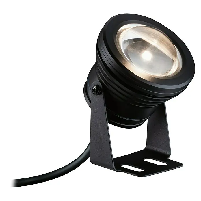 Paulmann Plug & Shine LED-Spot Pool - 6 W, Schwarz, 7,2 x 11 cm - Nahaufnahme einer schwarzen Gartenleuchte mit Erdspieß und warmweißem Licht, ideal zur Beleuchtung von Außenbereichen.