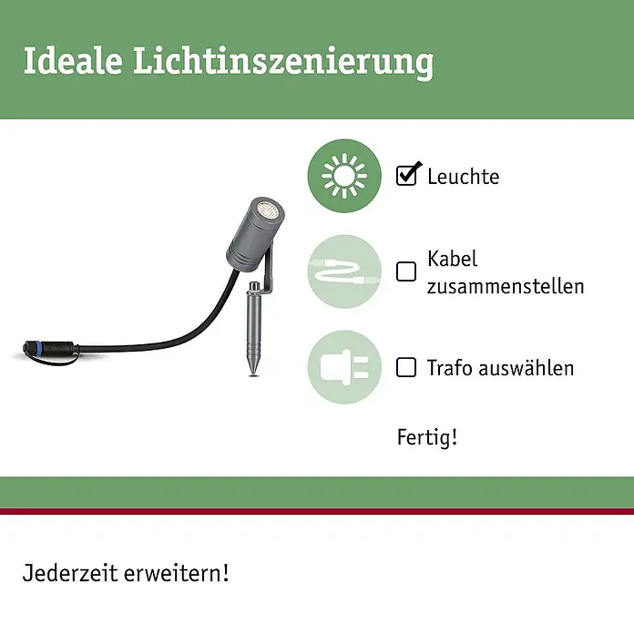 Paulmann Plug & Shine LED-Gartenspot Radix - 7 W, IP65, Warmweiß, Grau - Grauer Outdoor-Strahler mit Erdspieß und schwarzem Kabel, zeigt ein modulares Beleuchtungssystem für einfache Installation und Erweiterung.
