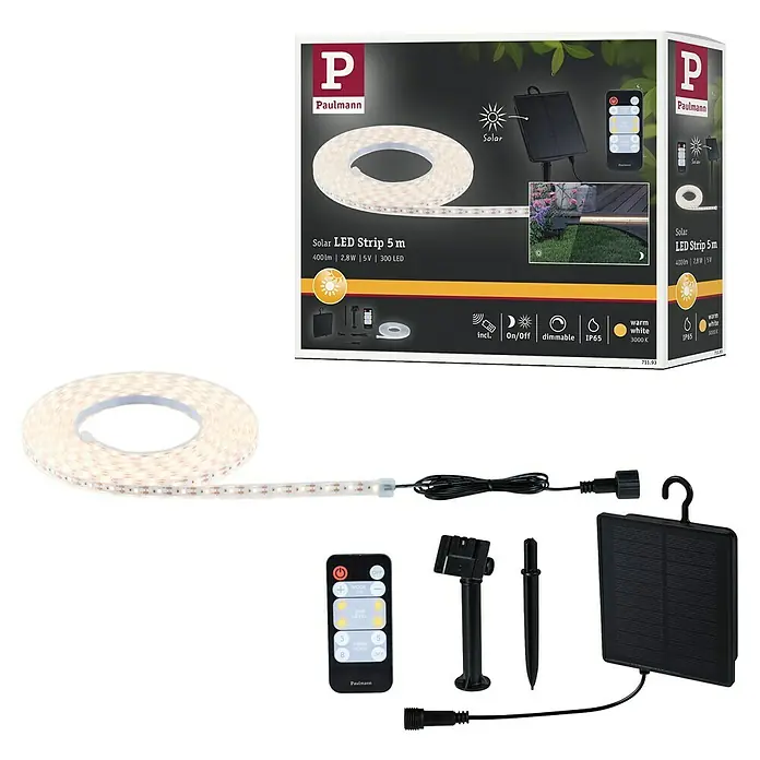 Paulmann LED-Band-Set Stripe Solar - 5 m, Warmweiß, 3,2 W, 300 lm, 5 V - Produktbild des Paulmann Solar LED Strip 5 m, mit Solarpanel, Fernbedienung und Zubehör. Ideal für stimmungsvolle Beleuchtung im Außenbereich.