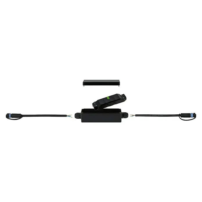 Paulmann Plug & Shine Verbindungs-Set Loxone - Länge: 5,5 cm, 24 V - Nahaufnahme eines modularen LED-Beleuchtungssystems mit schwarzem Gehäuse und verschiedenen Zubehörteilen für vielseitige Beleuchtungslösungen.