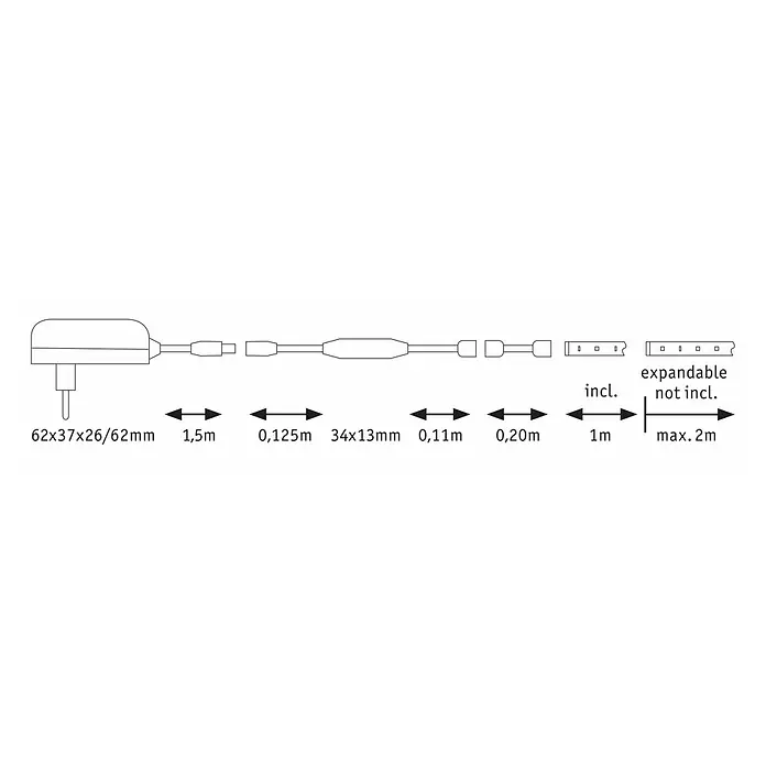 Paulmann MaxLED 250 LED-Band-Set Comfort Regal - 100 cm, Warmweiß, 5 W, 300 lm, 230 V - 240 V - Diagramm einer LED-Lichterkette mit Maßangaben zu den einzelnen Komponenten und deren Abständen, inklusive Erweiterungsoptionen.