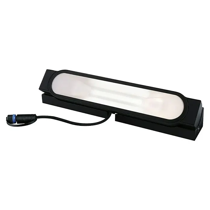Paulmann Plug & Shine LED-Wandstrahler Ito - L x B x H: 4,9 x 25,2 x 22,4 cm, Warmweiß - Eine längliche, rechteckige Arbeitsleuchte mit einem schwarzen Gehäuse und einem hellen, länglichen Leuchtmittel im Inneren, ideal für Werkstattarbeiten.