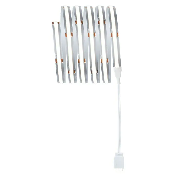 Paulmann MaxLED 500 Verlängerungs-Set Full-Line COB - 1,5 m, 12 W, Tageslichtweiß, 900 lm - LED-Streifen mit Anschlusskabel. Die weißen Streifen sind kompakt gerollt und mit kleinen kupferfarbenen Verbindungsstellen versehen, die auf eine flexible Installation hinweisen.