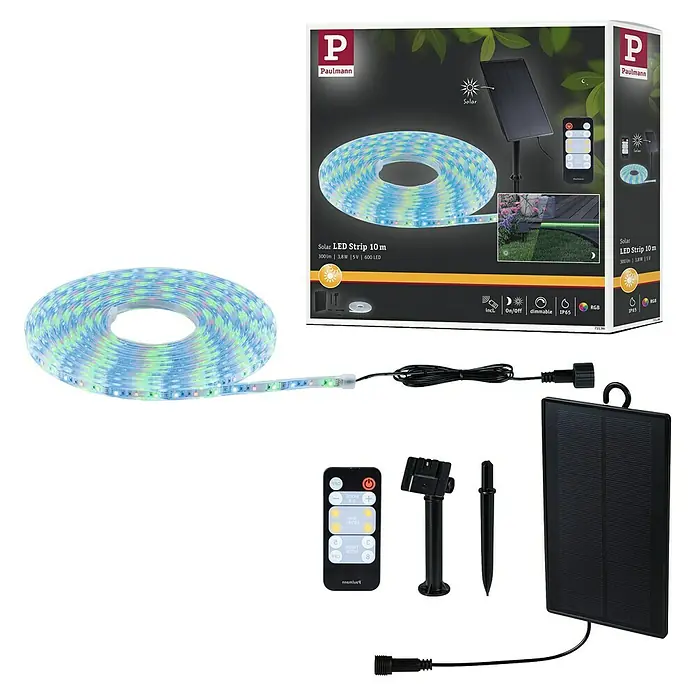 Paulmann LED-Band-Set Stripe Solar - 10 m, RGB, 3,8 W, 300 lm, 5 V - Eine Paulmann Solar LED-Lichterkette mit 10 Metern Länge, die eine stimmungsvolle Beleuchtung im Außenbereich ermöglicht.