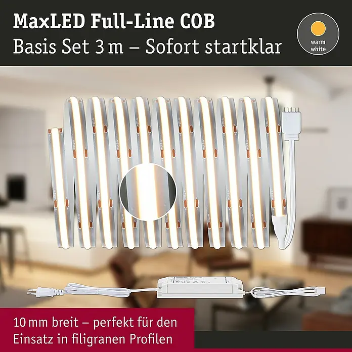 Paulmann MaxLED 1.000 Basis-Set Full-Line COB - 300 cm, 40 W, Warmweiß, 3.240 lm - MaxLED Full-Line COB Basis Set 3m, warmweißer LED-Streifen (10mm breit) mit Netzteil und Stecker. Sofort startklar.