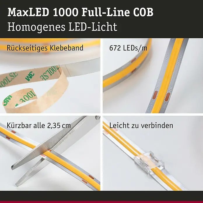Paulmann MaxLED 1.000 Verlängerungs-Set Full-Line COB - 250 cm, Mehrfarbig, 23,5 W, 3.000 lm, 230 V - 240 V - Produktabbildung einer flexiblen MaxLED 1000 Full-Line COB LED-Leuchte, die homogenes Licht erzeugt und einfach zu verbinden ist.