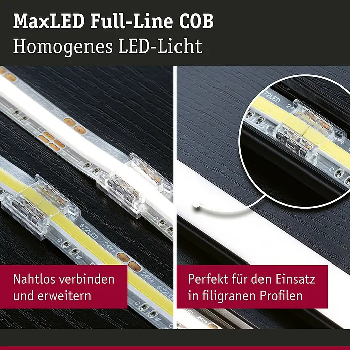 Paulmann Verbindungs-Set - Passend für: MaxLED, um gekürzte Stripes wieder zu verbinden - MaxLED Full-Line COB LED-Streifen mit Verbindern, die eine nahtlose Erweiterung ermöglichen, montiert in einem schlanken Profil.