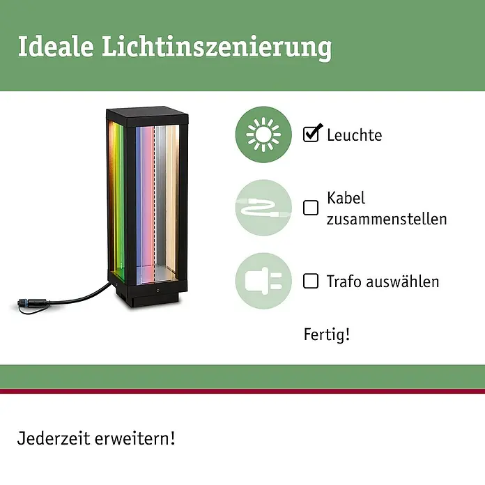 Paulmann Plug & Shine LED-Außenleuchte Classic Latern - 2 W, Farbe: Anthrazit, IP44, 10 x 10 x 30 cm - Schwarze Außenleuchte mit bunten Paneelen, einsteckfertig. Zeigt Schritte zur Erweiterung eines modularen Lichtsystems.
