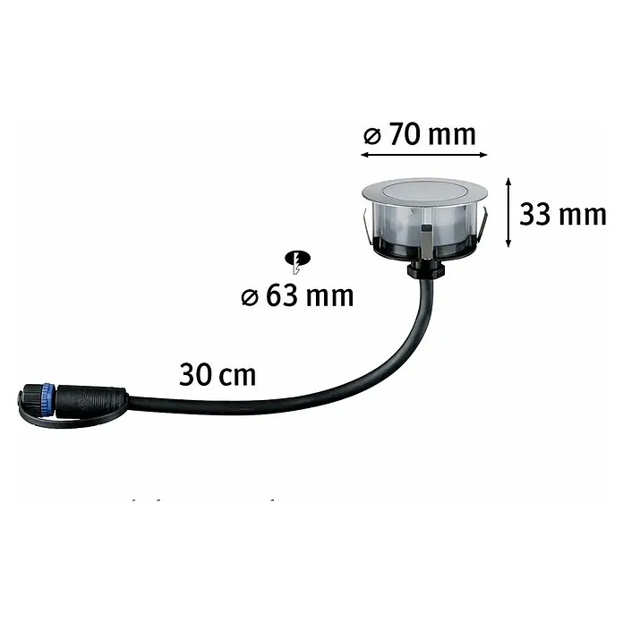 Paulmann Plug & Shine Bodeneinbauleuchte Floor - 2 W, Edelstahl, Ø x H: 7 x 3 cm - Abbildung einer Bodeneinbauleuchte mit den Maßen Ø 70 mm, 33 mm Höhe und einem 30 cm langen Kabel.