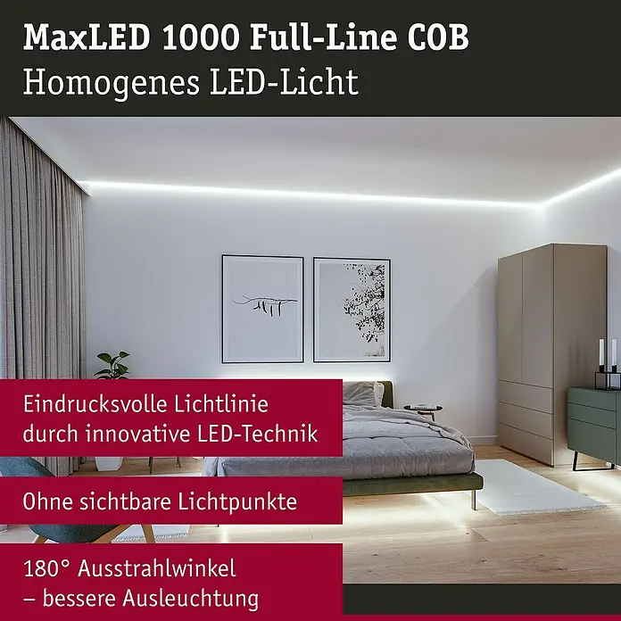 Paulmann MaxLED 1.000 Verlängerungs-Set Full-Line COB - 250 cm, Tageslichtweiß, 30 W, 3.200 lm, 230 V - 240 V - MaxLED 1000 COB LED-Lichtleiste, die als homogene Lichtlinie in einem modernen Schlafzimmer montiert ist. Sorgen für eine gleichmäßige, punktfreie Ausleuchtung.