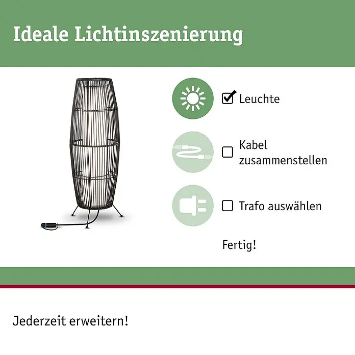 Paulmann Plug & Shine LED-Außenleuchte Basket - 8 W, Farbe: Braun, IP44, 20 x 60 cm - Hohe, dunkle Stehleuchte aus Latten, daneben Schritte für ideale Lichtinszenierung: Leuchte, Kabel, Trafo auswählen. Jederzeit erweiterbar.