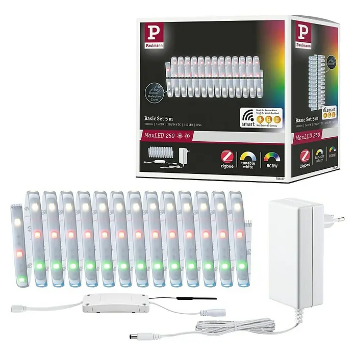Paulmann MaxLED 250 Smart-LED-Band Basisset beschichtet Zigbee - 500 cm, RGBW, 27 W, 900 lm, 230 V - 240 V - Das Paulmann MaxLED 250 Basic Set ist ein 5m langes, smartes LED-Band, das mit Zigbee steuerbar ist und sowohl tunable white als auch RGBW-Farben bietet.