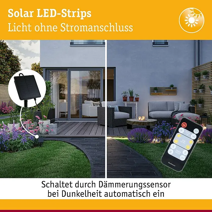Paulmann LED-Band-Set Stripe Solar - 5 m, Warmweiß, 3,2 W, 300 lm, 5 V - Das Bild zeigt Solar LED-Strips für den Außenbereich, die ohne Stromanschluss funktionieren und mit einer Fernbedienung gesteuert werden.