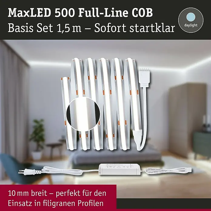 Paulmann MaxLED 500 Verlängerungs-Set Full-Line COB - 1,5 m, 12 W, Tageslichtweiß, 900 lm - Weißes MaxLED 500 COB LED-Strip Basis-Set mit Netzteil und Stecker, 1,5m, 10mm breit, sofort startklar, tageslichtweiß.