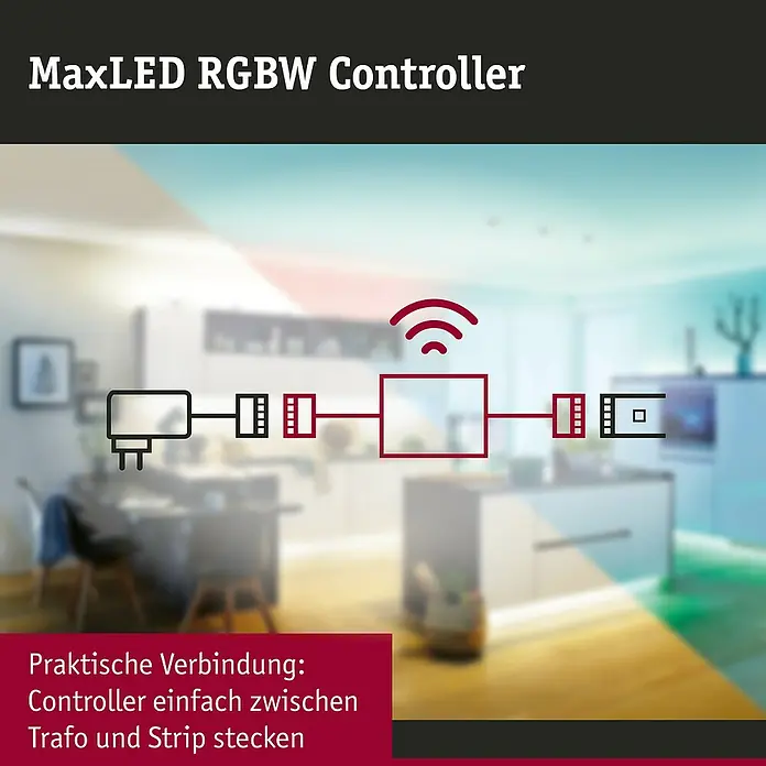 Paulmann MaxLED Tunable White Controller - Passend für: MaxLED RGBW - MaxLED RGBW Controller, der eine Stromversorgung mit einem LED-Streifen verbindet, mit Funksignal. In einer Küchenbeleuchtung integriert dargestellt.