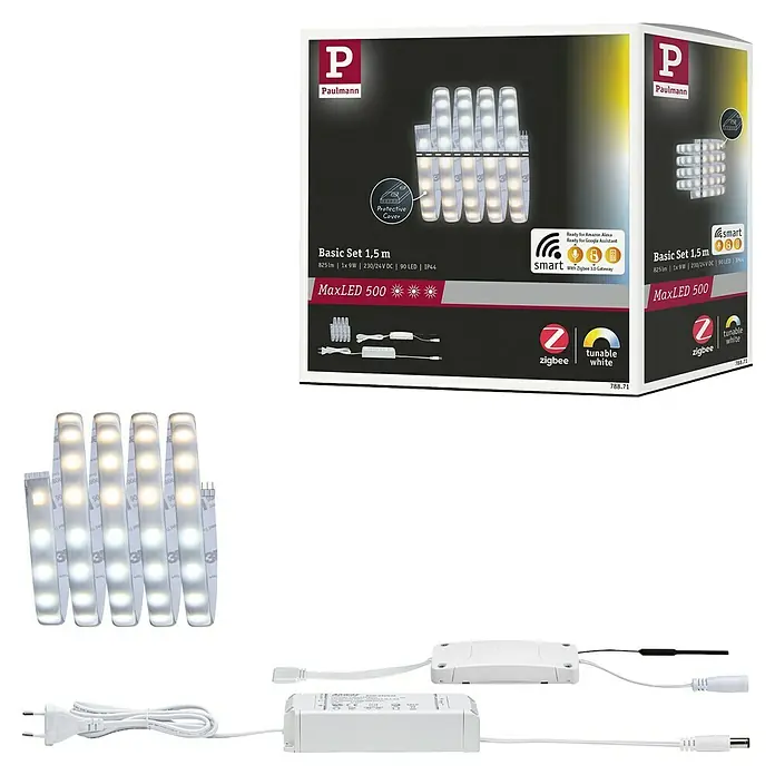 Paulmann MaxLED 500 LED-Band-Set Basisset Zigbee - 150 cm, Warmweiß, 12 W, 765 lm, 230 V - 240 V - Paulmann MaxLED 500 Basisset mit smarten, abstimmbaren weißen LED-Streifen, Netzteil und Controller, in Verpackung und einzeln.