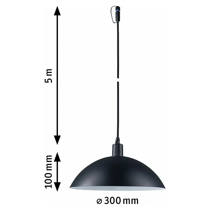 Paulmann Plug & Shine LED-Pendelleuchte Mapalo - Ø x H: 30 x 510 cm, Warmweiß, Anthrazit - Produktbild einer schwarzen Pendelleuchte mit den Maßen: 5 m hoch, 100 mm Höhe und 300 mm Durchmesser.