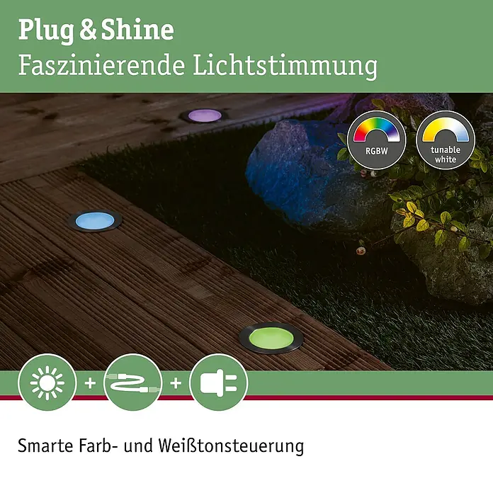Paulmann Plug & Shine Bodeneinbauleuchte Floor - 2 W, Edelstahl, Ø x H: 7 x 3 cm - In Holzterrassen eingelassene RGBW-Außenleuchten mit smarter Farb- und Tunable-White-Beleuchtung für den Garten.