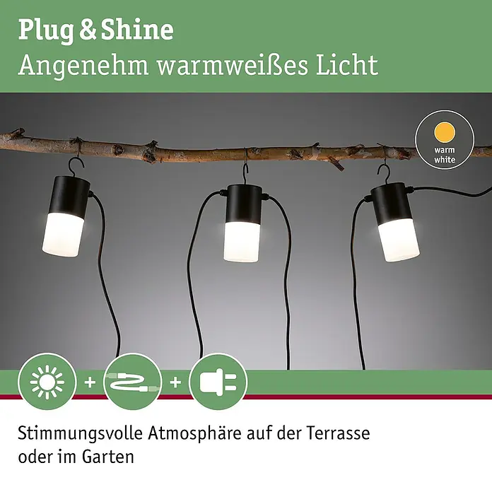 Paulmann Plug & Shine LED-Lichterkette - Außen, Lichtfarbe: Warmweiß, Anzahl Leuchtmittel: 3 Stk. - Schwarze Lichterkette mit drei zylindrischen Leuchten hängt an einem Ast und spendet warmweißes Licht für Außenbereiche.