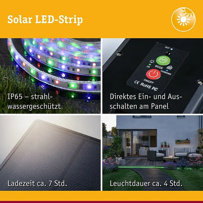 Paulmann LED-Band-Set Stripe Solar - 10 m, RGB, 3,8 W, 300 lm, 5 V - Solar LED-Streifen: IP65 wassergeschützt, direkt am Panel schaltbar, 7 Std. Ladezeit, 4 Std. Leuchtdauer.