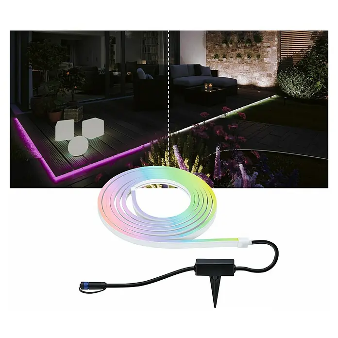 Paulmann Plug & Shine LED-Band Smooth Strip - Länge: 5 m, RGBW, 700 lm, 24 V - Ein LED-Lichtschlauch zur dekorativen Gartenbeleuchtung, der flexibel einsetzbar ist und eine farbenfrohe Atmosphäre schafft.