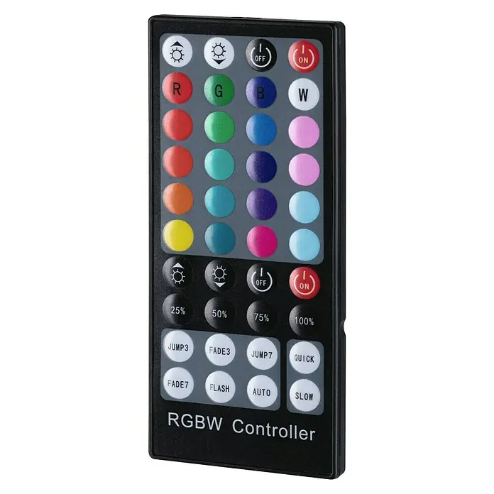 Paulmann MaxLED Tunable White Controller - Passend für: MaxLED RGBW - Nahaufnahme einer RGBW-Controller-Fernbedienung mit verschiedenen Farbtasten, Helligkeitseinstellungen und Effektmodi.