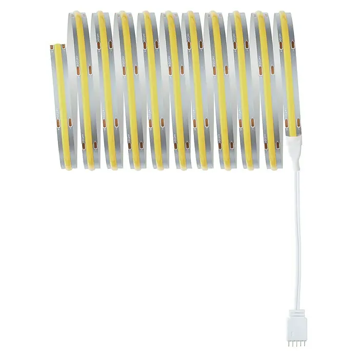 Paulmann MaxLED Set de tiras LED 500 Full-Line COB - Largo: 3 m, 40 W, 3.840 lm, 220 V - 240 V - Tira de luz LED blanca enrollada con superficie amarilla, conectada a un cable y conector blancos.