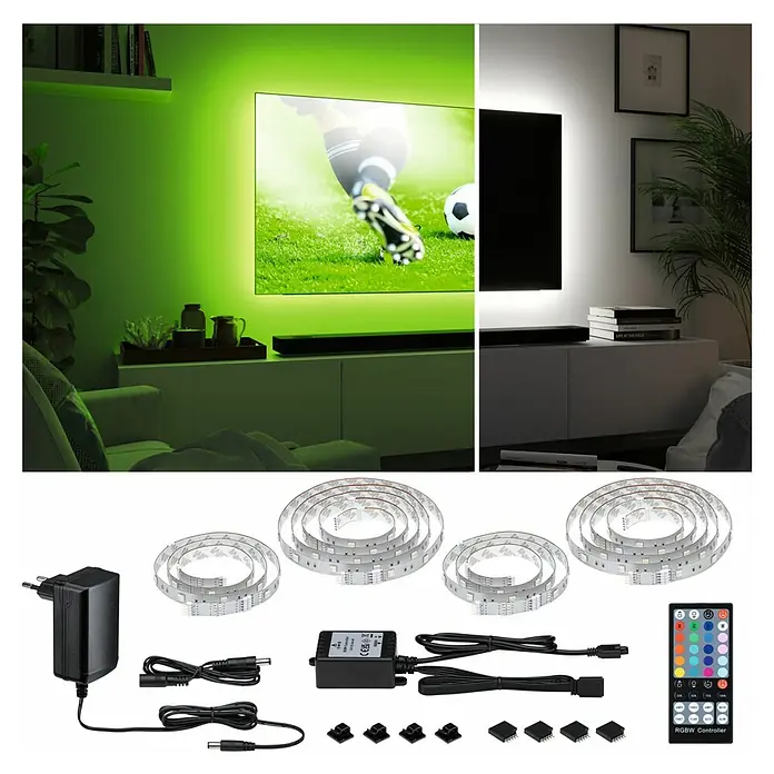 Paulmann MaxLED 250 LED-Band-Set Comfort TV 65 Zoll - 430 cm, RGBW, 24,5 W, 1.000 lm, 230 V - 240 V - RGB-LED-Streifen-Set für TV-Hintergrundbeleuchtung mit Fernbedienung, Netzteil und Montagezubehör.