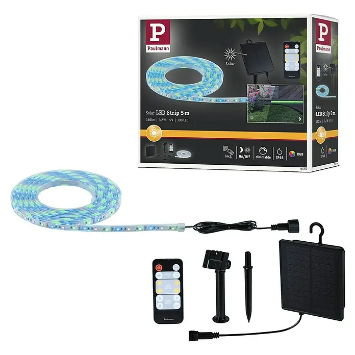 Paulmann LED-Band-Set Stripe Solar - 5 m, RGB, 3,2 W, 300 lm, 5 V - Solar LED Strip 5 m von Paulmann mit 300 LEDs, 150lm, 3,2W und 5V. Inklusive Fernbedienung und Solarpanel. Dimmbar und mit IP65 Schutz.