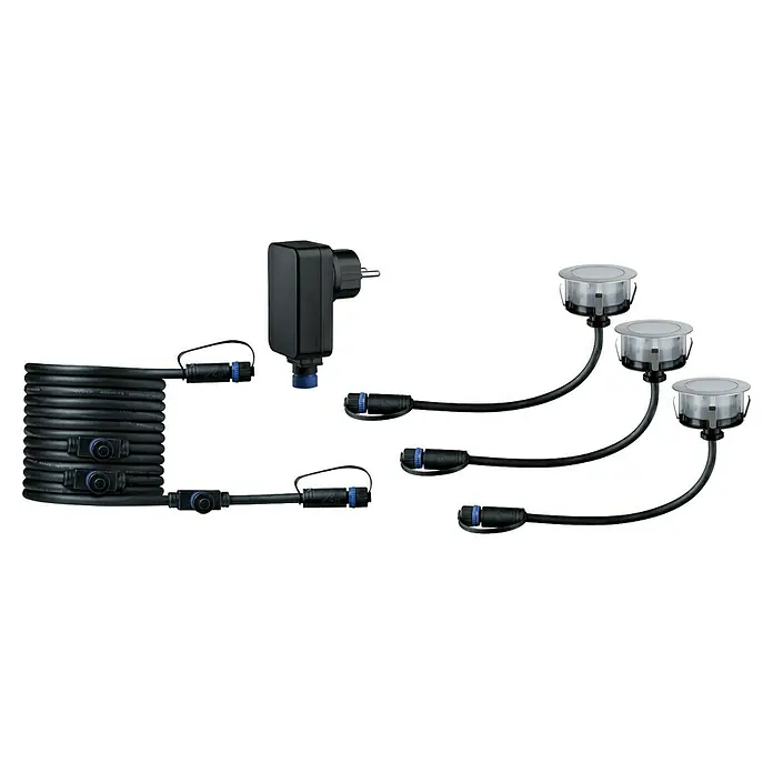 Paulmann Plug & Shine Bodeneinbauleuchten-Basis-Set Floor - Ø x H: 7 x 3 cm, 3 Stk., RGBW - Produktdarstellung eines dreiteiligen Bodenleuchten-Sets mit Zuleitung und Netzstecker. Die Leuchten sind kreisrund und aus Metall gefertigt.