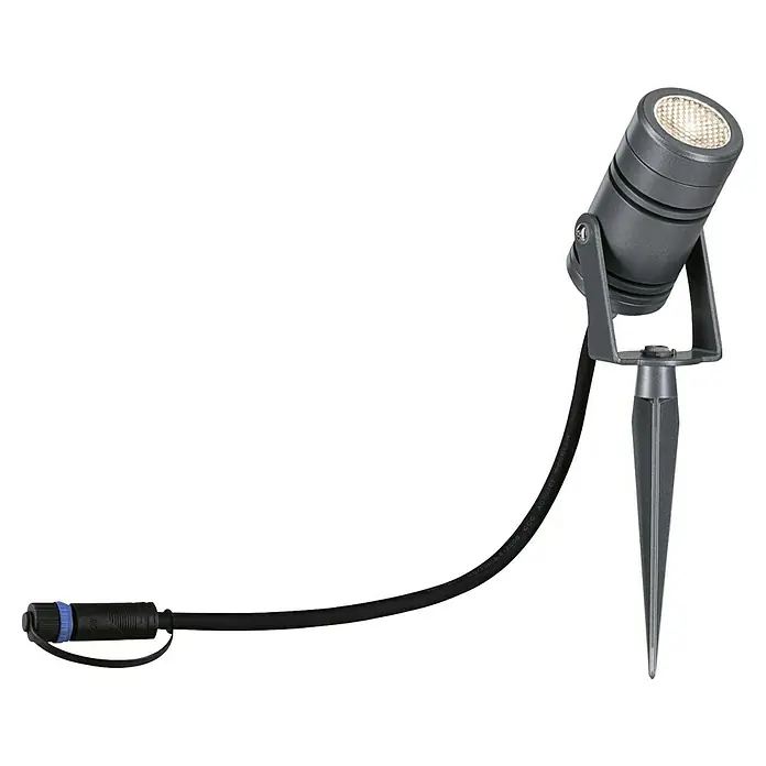 Paulmann Plug & Shine LED-Gartenspot Radon - 12,5 W, IP65, Warmweiß, Grau - Nahaufnahme einer schwarzen LED-Gartenleuchte mit Erdspieß und Anschlusskabel, ideal für die Gartenbeleuchtung.