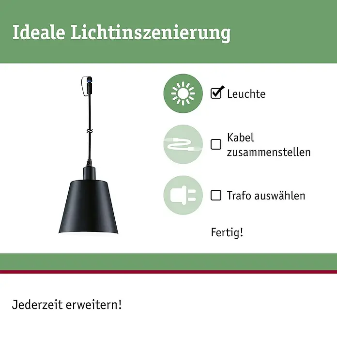 Paulmann Plug & Shine Solar-Hängeleuchte Kofia - 2 W, Anthrazit, Höhe: 514 cm - Schwarze Pendelleuchte, daneben Schritte zur idealen Lichtinszenierung: Leuchte, Kabel, Trafo auswählen.