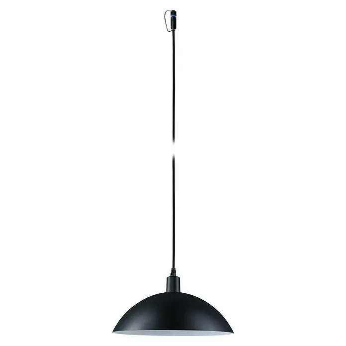 Paulmann Plug & Shine LED-Pendelleuchte Mapalo - Ø x H: 30 x 510 cm, Warmweiß, Anthrazit - Schwarze Hängelampe mit weißem Reflektor. Das Licht ist auf einem schwarzen Kabel befestigt, das mit einem Baldachin an der Decke befestigt ist.