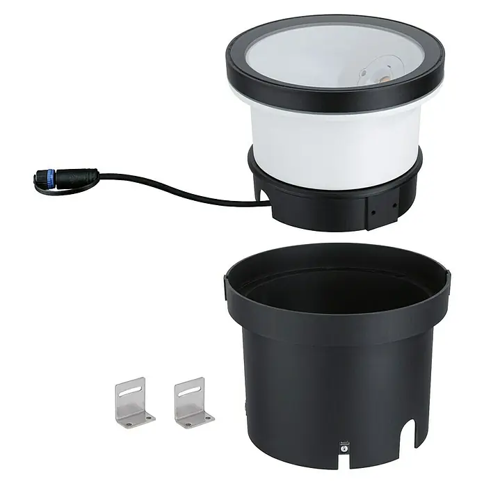 Paulmann Plug & Shine Bodeneinbauleuchte Ocos - Anthrazit, Ø x H: 15,5 x 13 cm - Produktansicht eines modernen Beleuchtungskörpers mit Zubehörteilen für die Installation in Schwarz und Weiß.