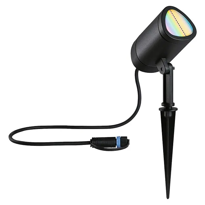 Paulmann Plug & Shine LED-Gartenspot - 6,5 W, IP65, RGBW, Anthrazit - Schwarzer Gartenspot mit Erdspieß und Kabelanschluss, der einen farbenfrohen Lichteffekt auf seiner Linse zeigt.