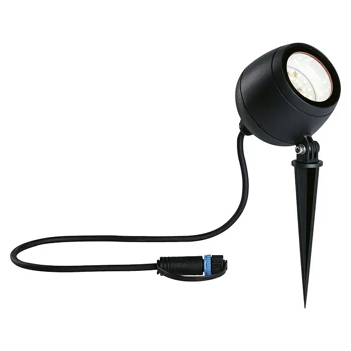 Paulmann Plug & Shine Foco LED de jardín Kikolo - 6,2 W, IP65, Blanco cálido, Gris - Primer plano de un foco LED negro para jardín con estaca y cable. Perfecto para iluminación exterior y detalles en el jardín.