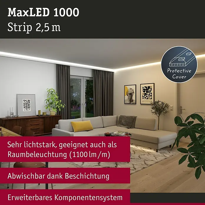 Paulmann MaxLED 1.000 LED-Band Stripe - 250 cm, Mehrfarbig, 27 W, 2.550 lm, 230 V - 240 V - Das Bild zeigt eine MaxLED 1000 Strip 2,5 m LED-Leiste, die sich durch hohe Lichtstärke und erweiterbares Komponentensystem auszeichnet.