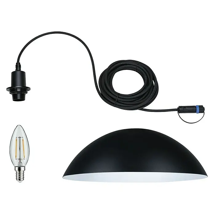 Paulmann Plug & Shine LED-Pendelleuchte Mapalo - Ø x H: 30 x 510 cm, Warmweiß, Anthrazit - Nahaufnahme einer Pendelleuchte mit schwarzem Schirm, LED-Lampe und Kabel. Elegantes Design für modernes Ambiente.