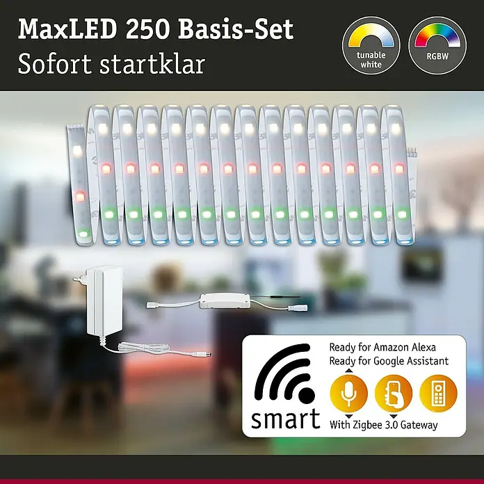 Paulmann MaxLED 250 Smart-LED-Band Basisset beschichtet Zigbee - 500 cm, RGBW, 27 W, 900 lm, 230 V - 240 V - MaxLED 250 Basis-Set mit flexibler RGBW LED-Leiste, Netzteil und Steuerung für Smart Home Integration.