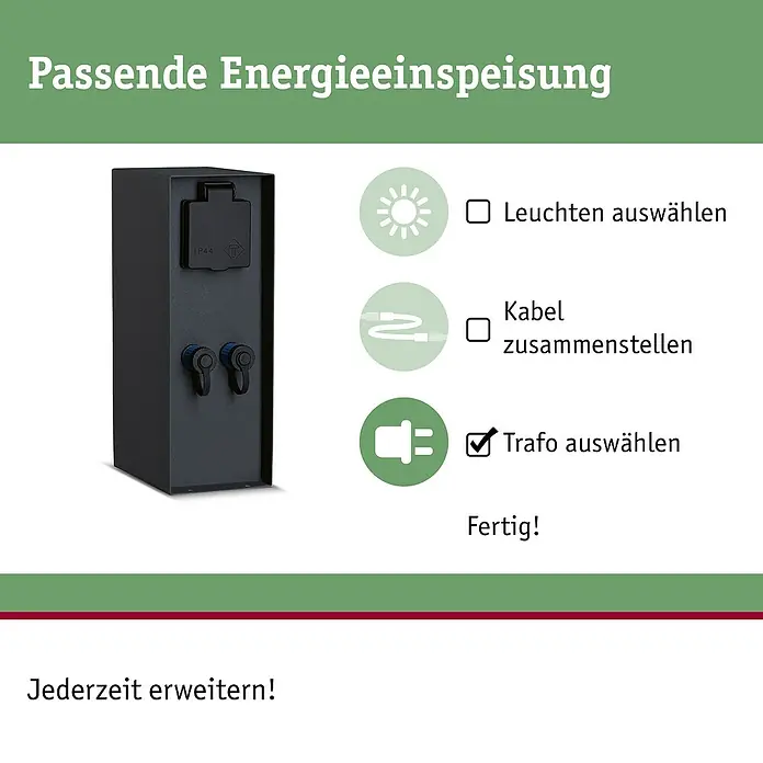 Paulmann Plug & Shine Steckdosensäule Rio - Anthrazit, Höhe: 23 cm, IP44, Ohne Dämmerungssensor - Schwarze, wetterfeste Energieverteilersäule (IP44) mit Steckdosen und Anschlüssen, die die Schritte zur Auswahl von Leuchten und Trafo zeigt.