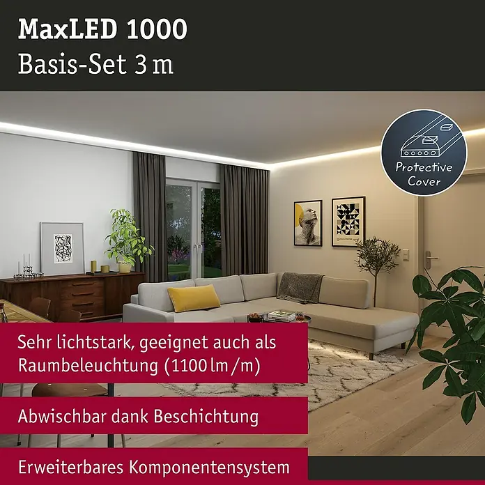 Paulmann MaxLED 1.000 LED-Band Basisset beschichtet - 300 cm, Mehrfarbig, 38 W, 3.060 lm - MaxLED 1000 Basis-Set 3m: Indirekte Beleuchtung mit hoher Leuchtkraft, abwischbarer Beschichtung und erweiterbarem Komponentensystem.