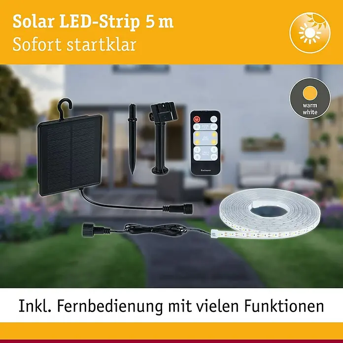 Paulmann LED-Band-Set Stripe Solar - 5 m, Warmweiß, 3,2 W, 300 lm, 5 V - Abbildung eines Solar LED-Streifen 5 m mit Fernbedienung und Zubehör, sofort einsatzbereit für den Garten.