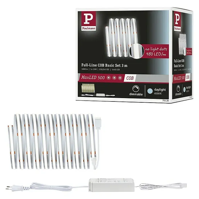 Paulmann MaxLED 500 Verlängerungs-Set Full-Line COB - 3 m, 21 W, Tageslichtweiß, 1.800 lm - Produktbild einer Paulmann MaxLED 500 COB Full-Line LED-Leuchte mit 3 Metern Länge, dimmbar und in Tageslichtweiß (6500K).
